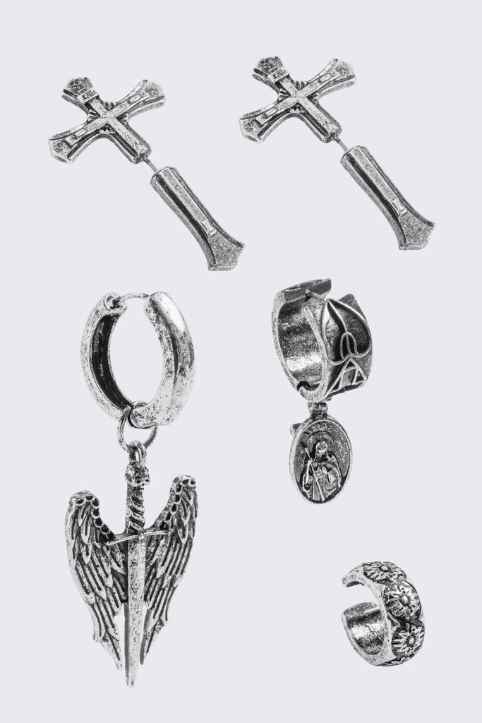 Cross and Winged Sword Earring Set in Antique Silver Finish