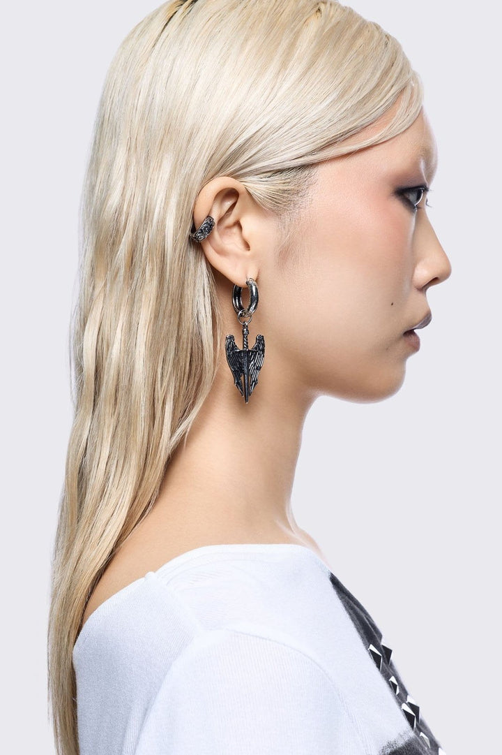 Cross and Winged Sword Earring Set in Antique Silver Finish