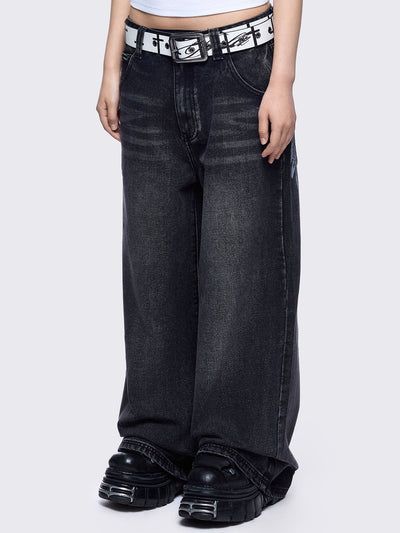 Black washed baggy jeans featuring a "Fallen Angel" winged graphic back print.