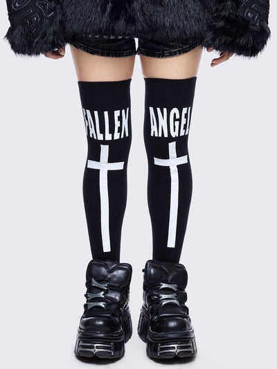 Black opaque thigh highs socks with "fallen angel" cross graphic design 