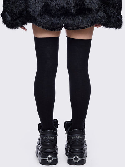 Black opaque thigh highs socks with "fallen angel" cross graphic design 