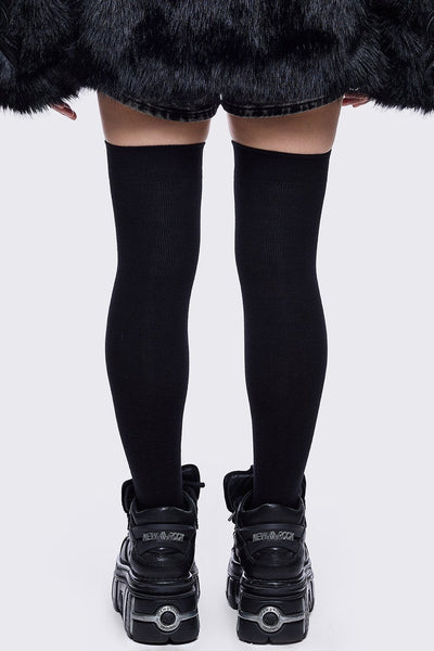 Highs Black Thigh Highs with White Cross Graphic | Minga London
