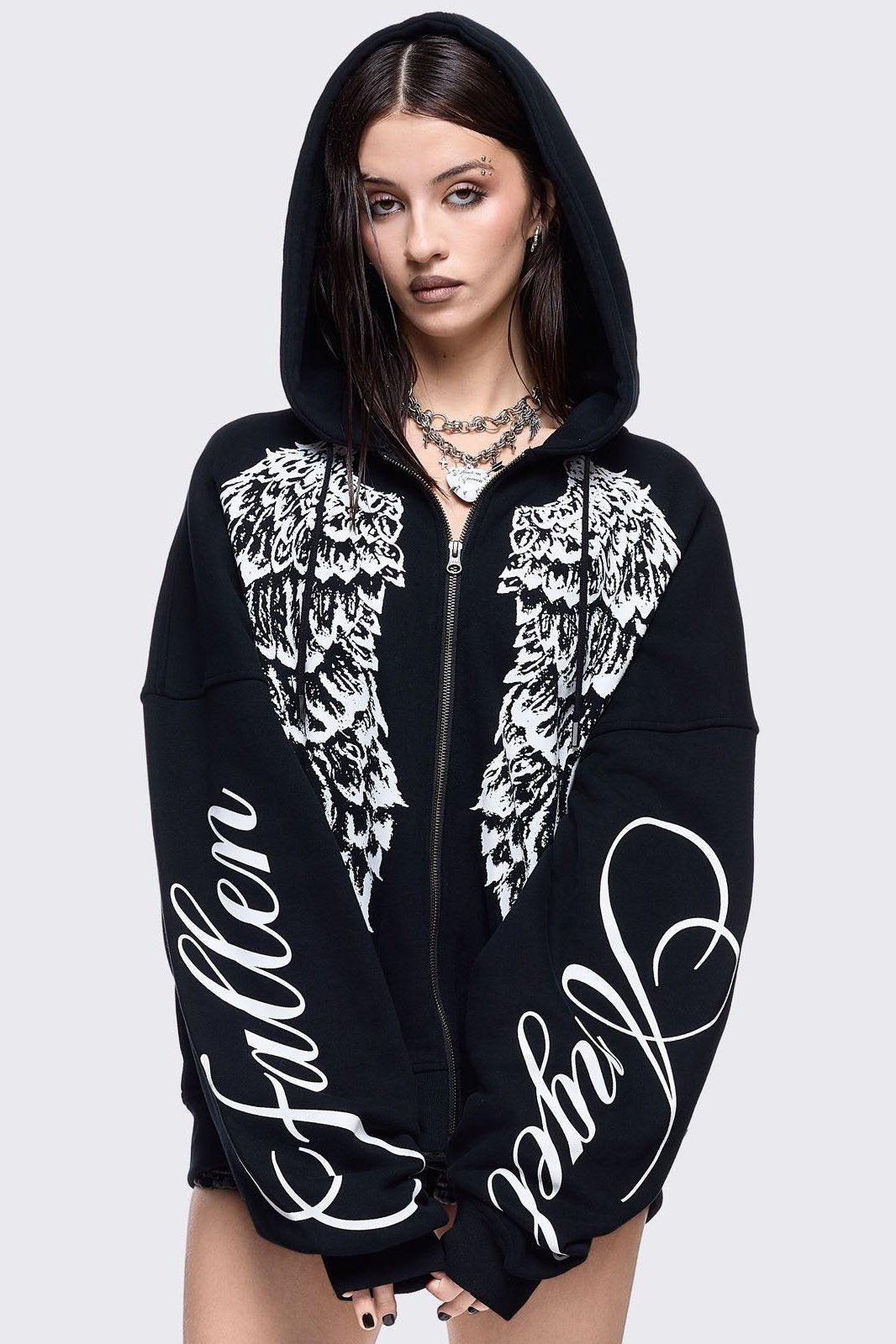 Black Zip Up Hoodie with White Wings Graphic | Minga London