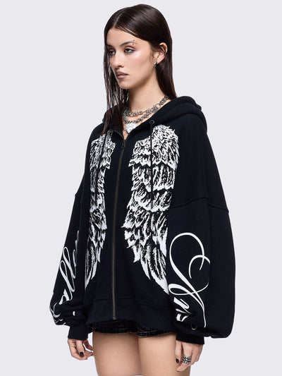 Black zip up hoodie jacket featuring a white wings graphic front print and "fallen angel" on sleeves