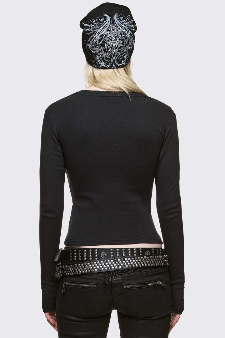 Black Long Sleeve Top with Leopard Cross Graphic | Minga London