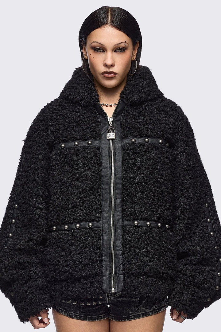 Black Faux Fur Plush Bunny Ear Jacket | Minga London