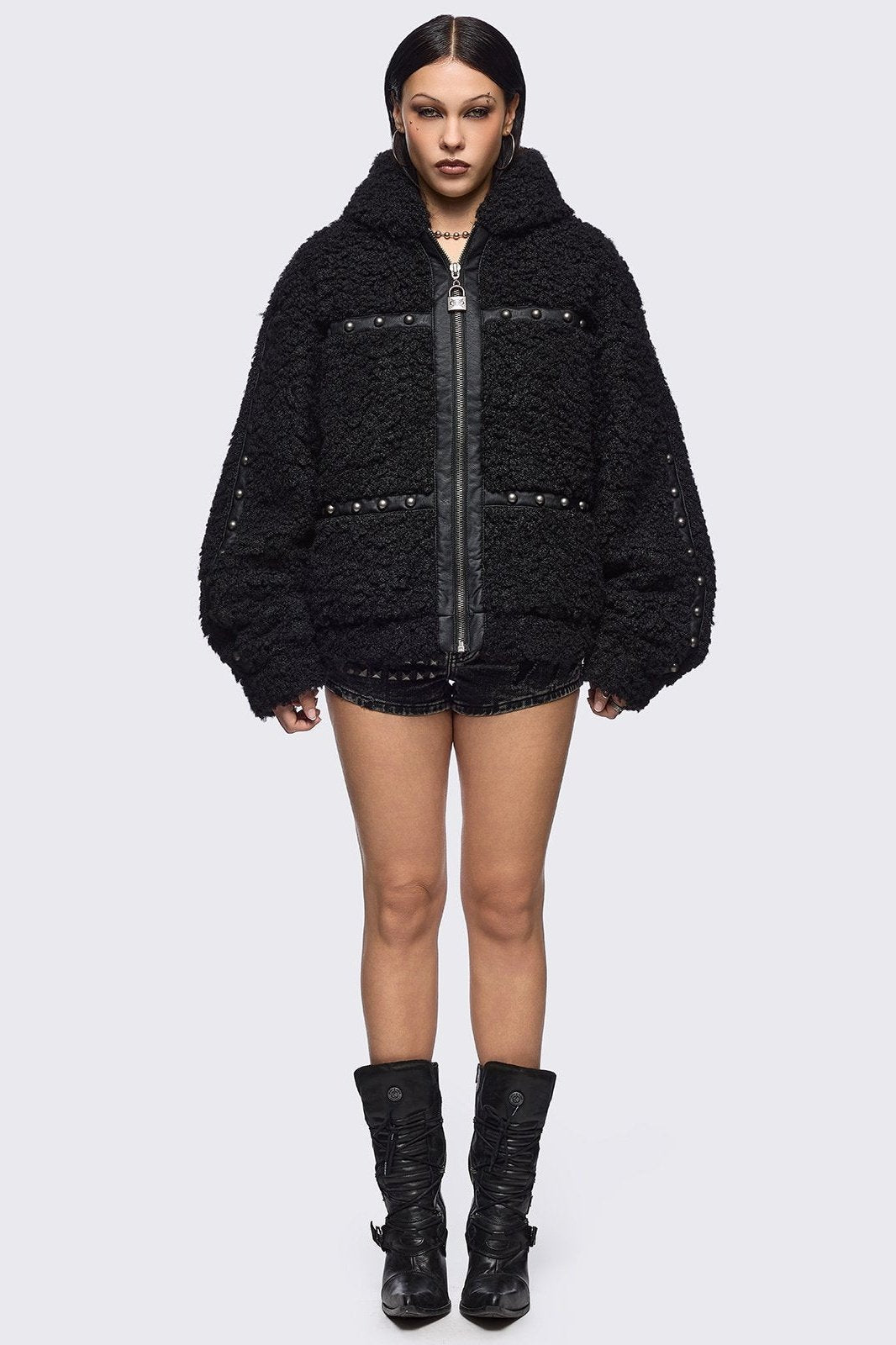 Black Faux Fur Plush Bunny Ear Jacket | Minga London