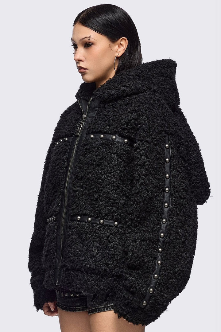 Black Faux Fur Plush Bunny Ear Jacket | Minga London