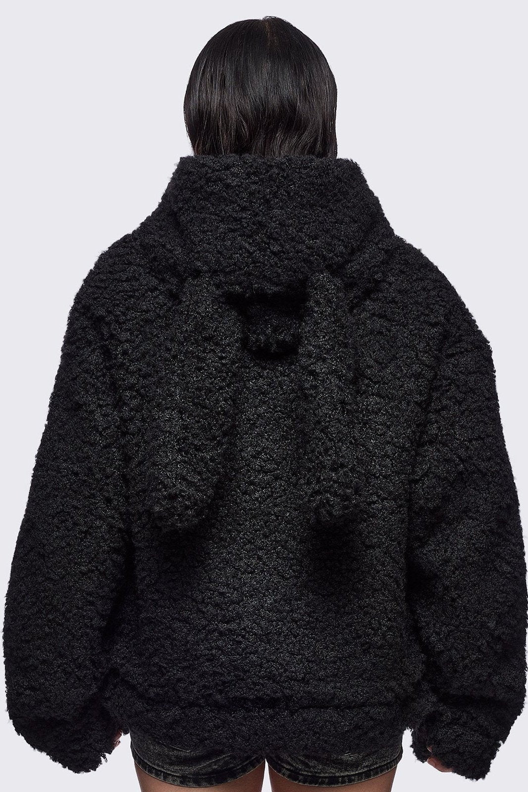 Black Faux Fur Plush Bunny Ear Jacket | Minga London