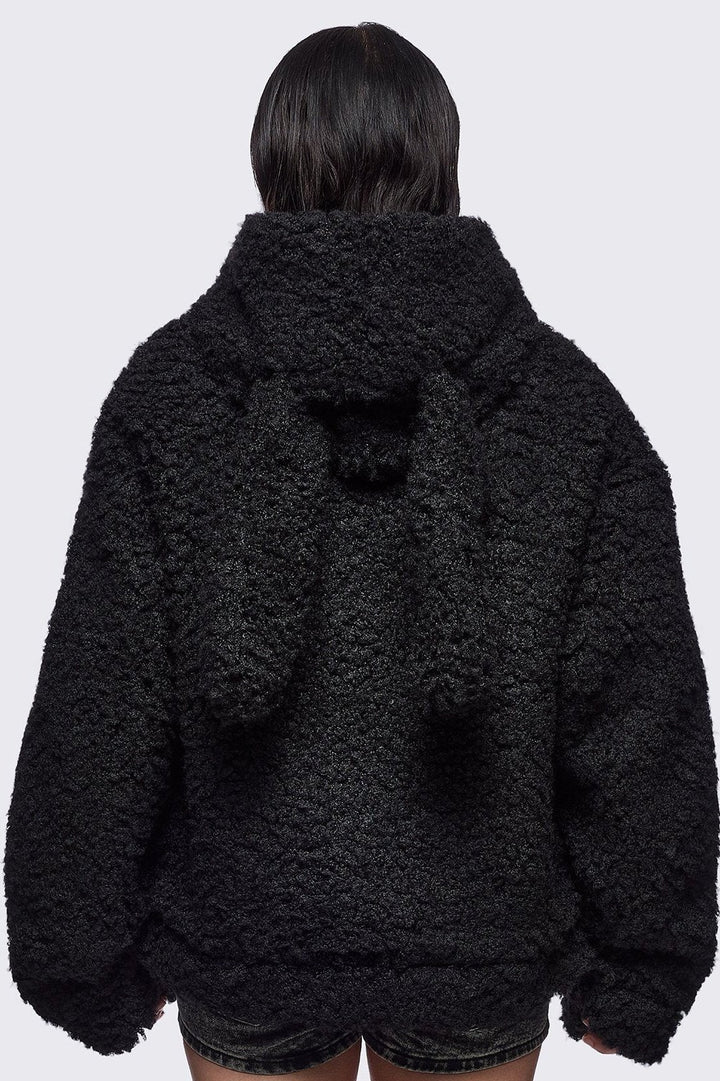 Black Faux Fur Plush Bunny Ear Jacket | Minga London