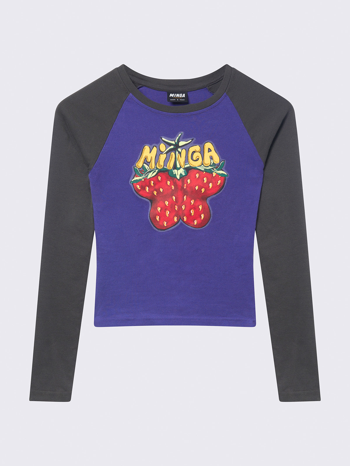 Raglan long sleeve top in black and purple with strawberry butterfly print