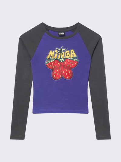 Raglan long sleeve top in black and purple with strawberry butterfly print