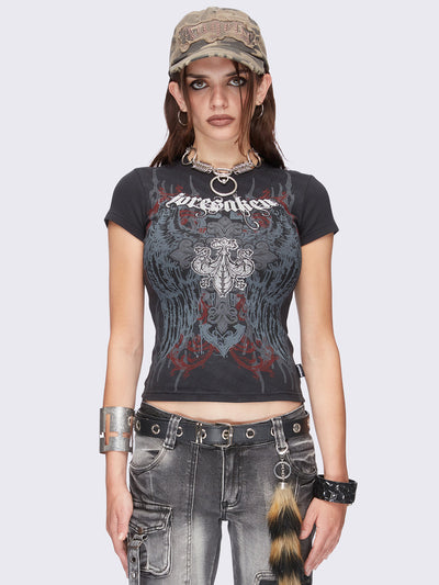 Black graphic baby tee with "Foresaken" and winged cross graphic print.