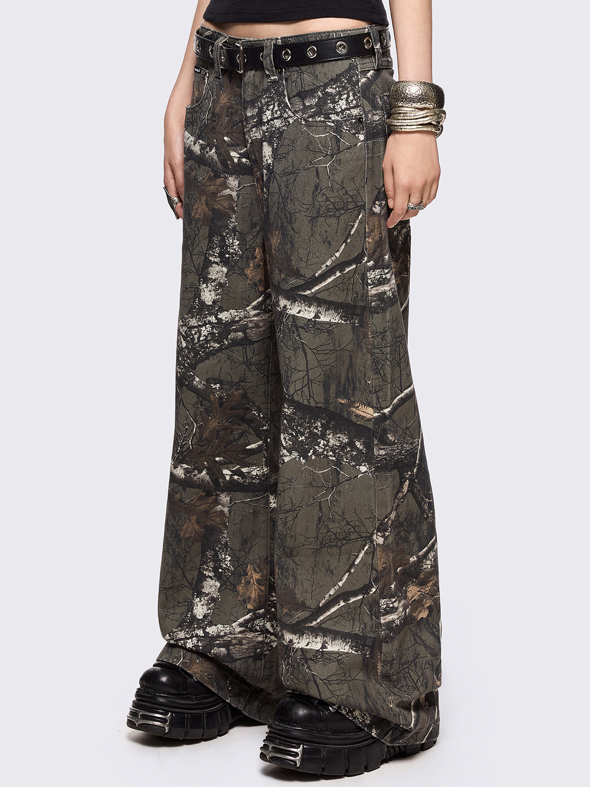 Forest tree camo printed baggy jeans.