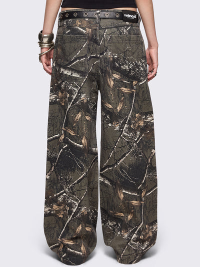 Forest tree camo printed baggy jeans.
