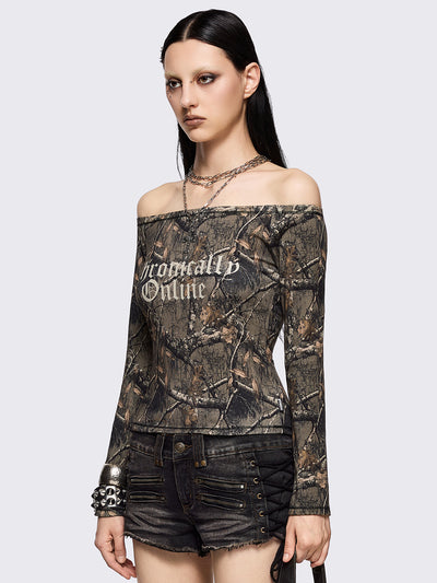 Camouflage real tree printed off-shoulder top with 'Chronically Online' text.