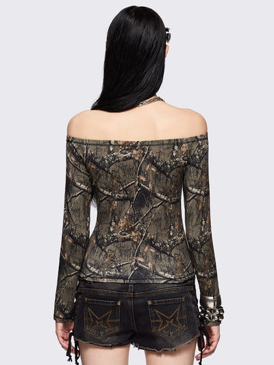 Camouflage real tree printed off-shoulder top with 'Chronically Online' text.