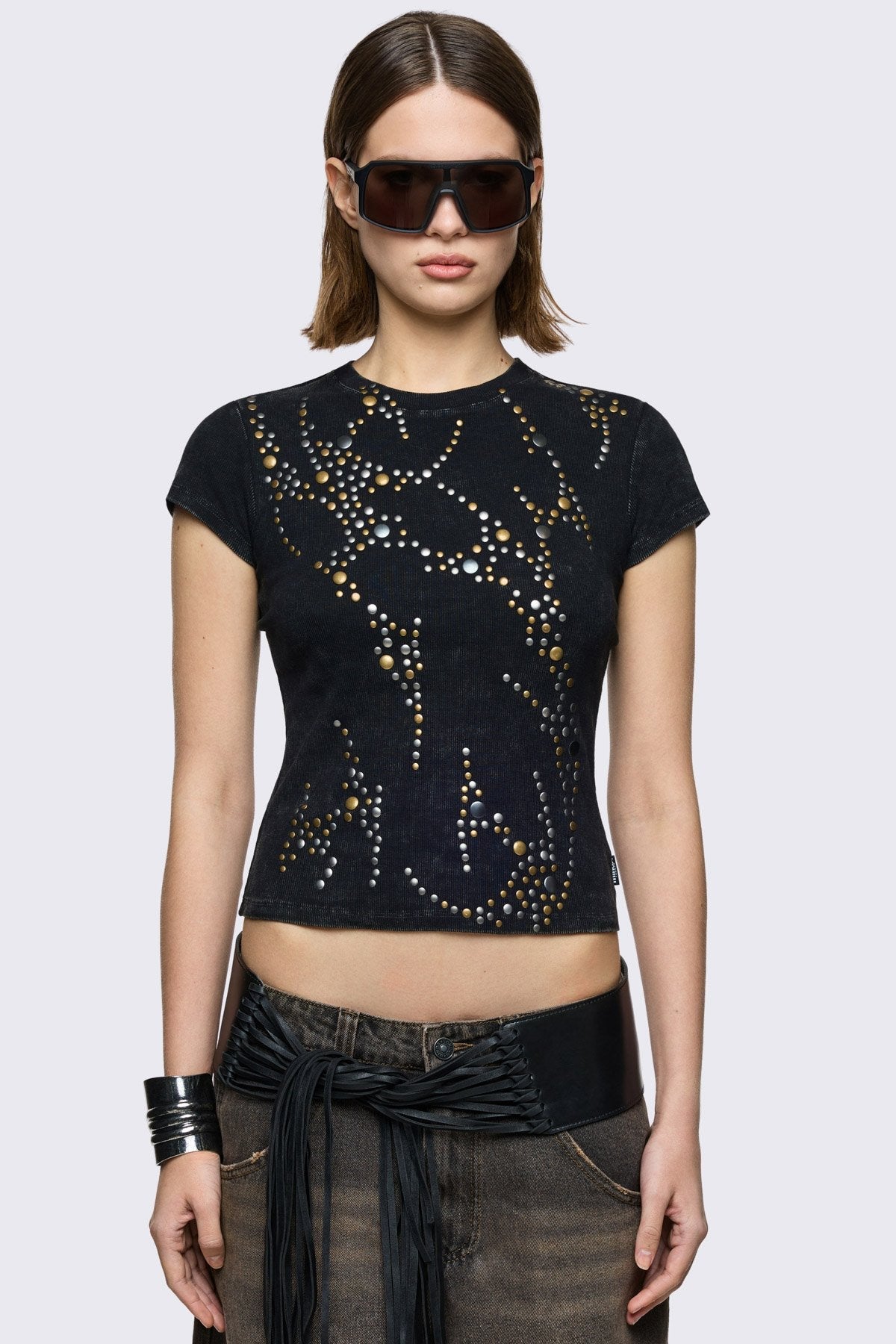 Black washed ribbed baby tee with stud details in silver and golden. 