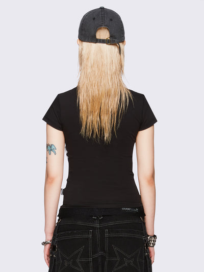 Black baby tee with diagonal fishnet cut-outs, eyelet and chain lace-up details, and short sleeves.
