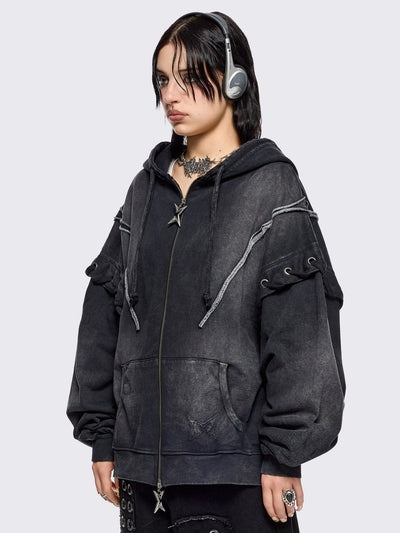 Black washed zip up hoodie. Featuring a layered effect, with selver eyelets, lace ups and seams details. 