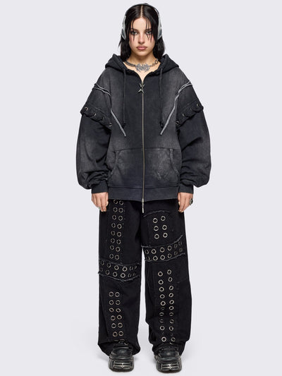 Black washed zip up hoodie. Featuring a layered effect, with selver eyelets, lace ups and seams details. 
