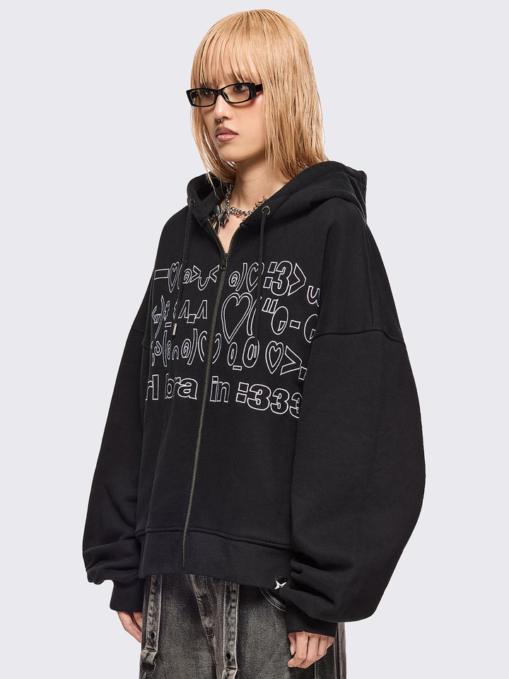 Oversized Graphic Zip Up Hoodie with Kaomoji Ascii Embroidery