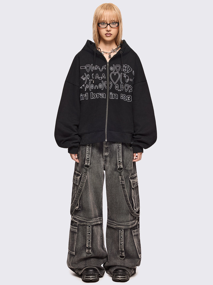 Oversized Graphic Zip Up Hoodie with Kaomoji Ascii