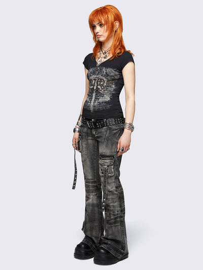 Black graphic v-neck baby tee featuring grunge graphic front print and "Grime" hot fix stud detail.