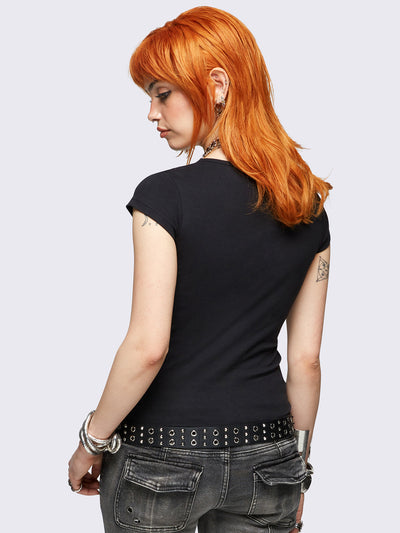 Black graphic v-neck baby tee featuring grunge graphic front print and "Grime" hot fix stud detail.