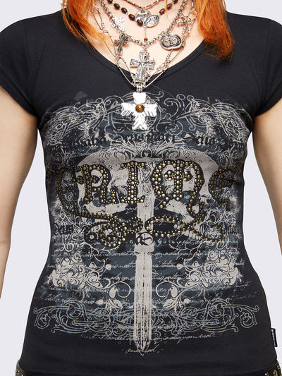 Black graphic v-neck baby tee featuring grunge graphic front print and "Grime" hot fix stud detail.