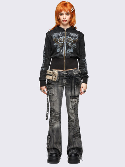 Black washed cropped zip-up hoodie featuring grunge graphic print on front and sleeves and "Grime" hot fix stud detail.