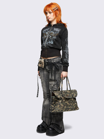 Black washed cropped zip-up hoodie featuring grunge graphic print on front and sleeves and "Grime" hot fix stud detail.