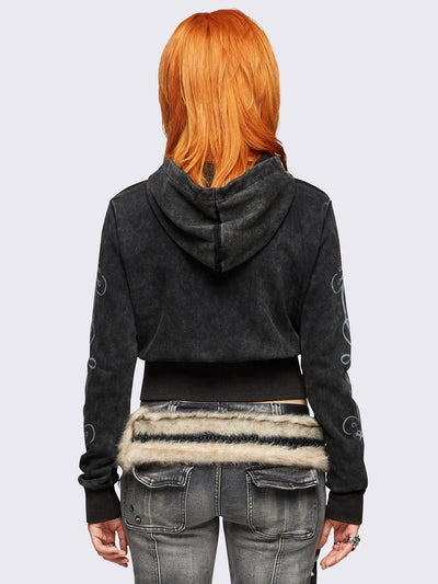Black washed cropped zip-up hoodie featuring grunge graphic print on front and sleeves and "Grime" hot fix stud detail.