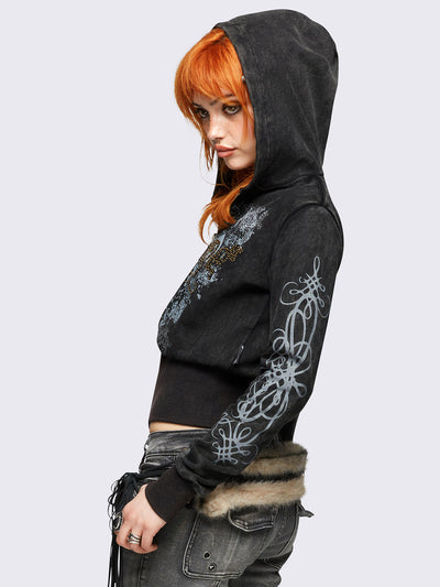 Black washed cropped zip-up hoodie featuring grunge graphic print on front and sleeves and "Grime" hot fix stud detail.