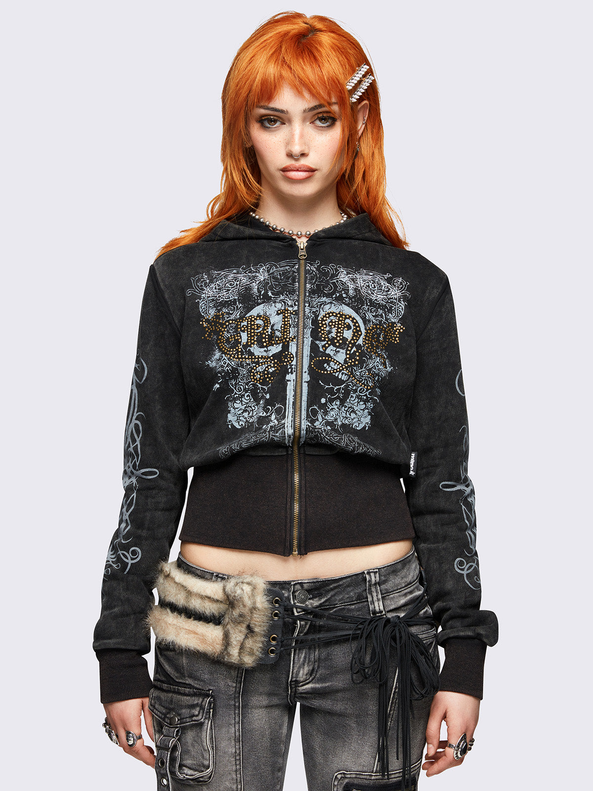 Black washed cropped zip-up hoodie featuring grunge graphic print on front and sleeves and "Grime" hot fix stud detail.