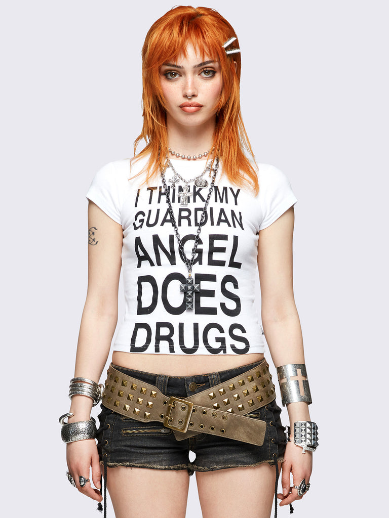 Minga London ガーディアンエンジェルベビーTシャツ White Graphic Baby Tee with Slogan and Cross Print | Minga