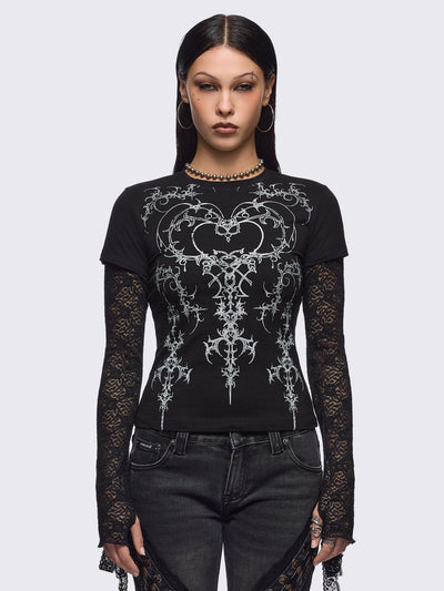 Black layered long sleeve baby tee featuring a grunge sigilism graphic front print and lace contrast sleeves with thumbhole cuffs.