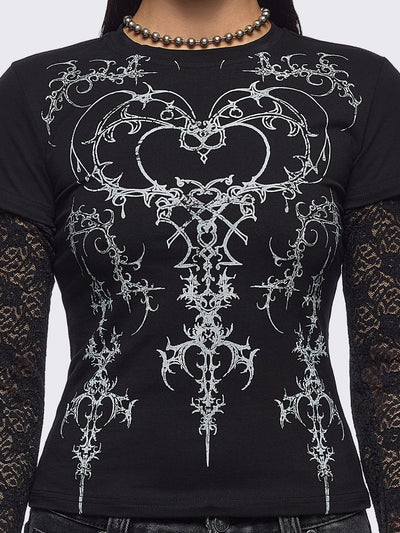 Black layered long sleeve baby tee featuring a grunge sigilism graphic front print and lace contrast sleeves with thumbhole cuffs.