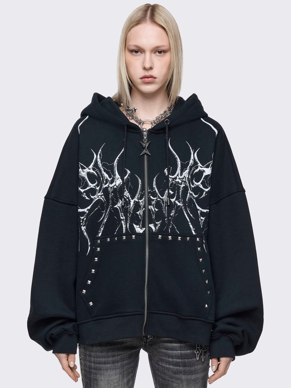 Black oversize zip up hoodie with sigilism graphic front print.