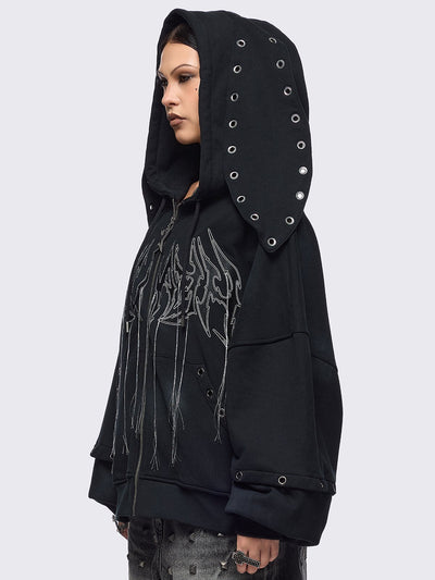 Black washed layered zip up hoodie with floppy ears hood, "Heaven" embroidery and silver eyelet details.