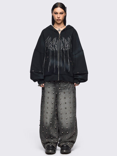 Black washed layered zip up hoodie with floppy ears hood, "Heaven" embroidery and silver eyelet details.