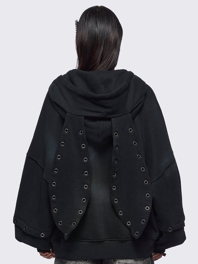Black washed layered zip up hoodie with floppy ears hood, "Heaven" embroidery and silver eyelet details.