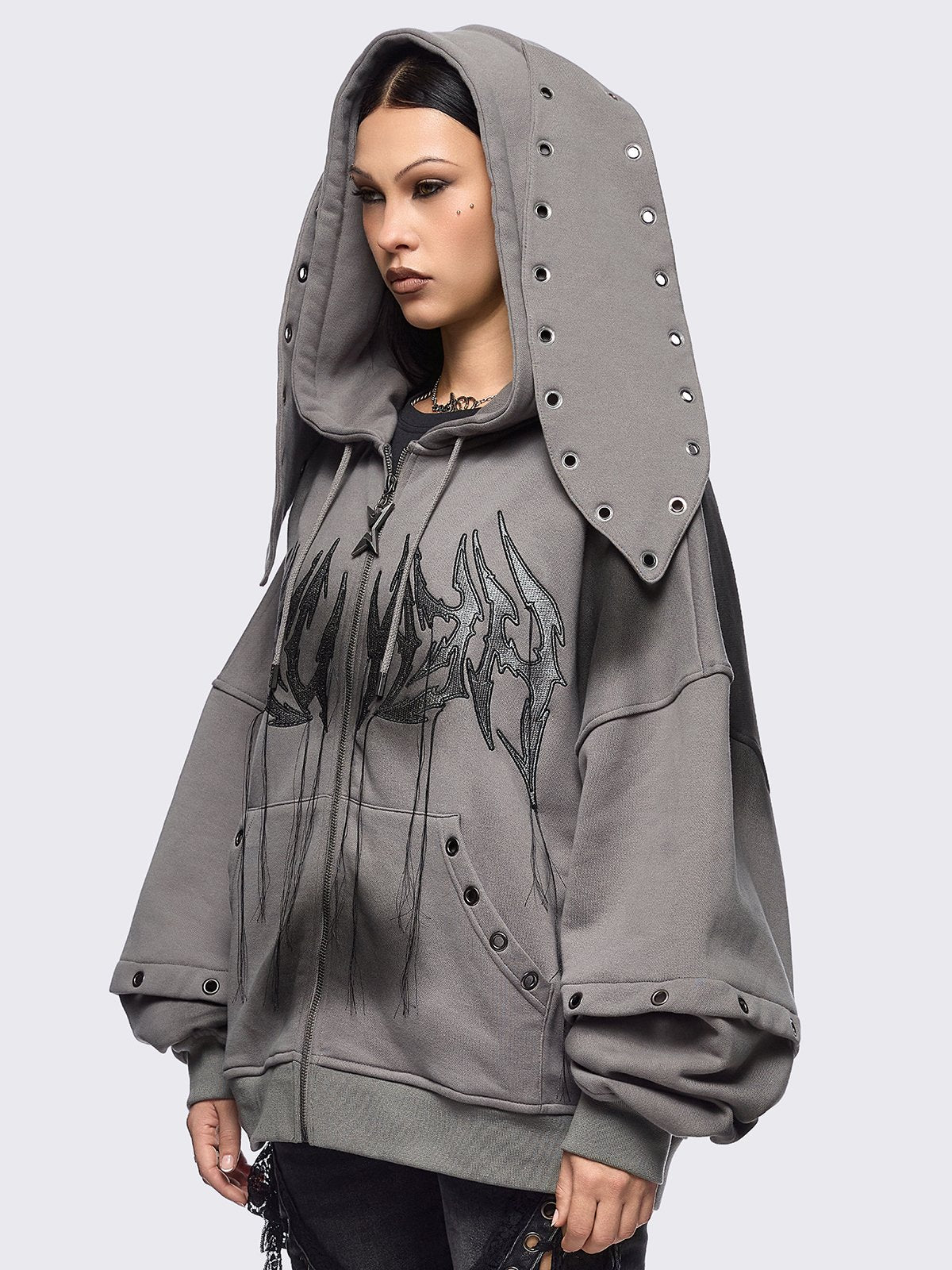 Grey washed layered zip up hoodie with floppy ears hood, "Heaven" embroidery and silver eyelet details.