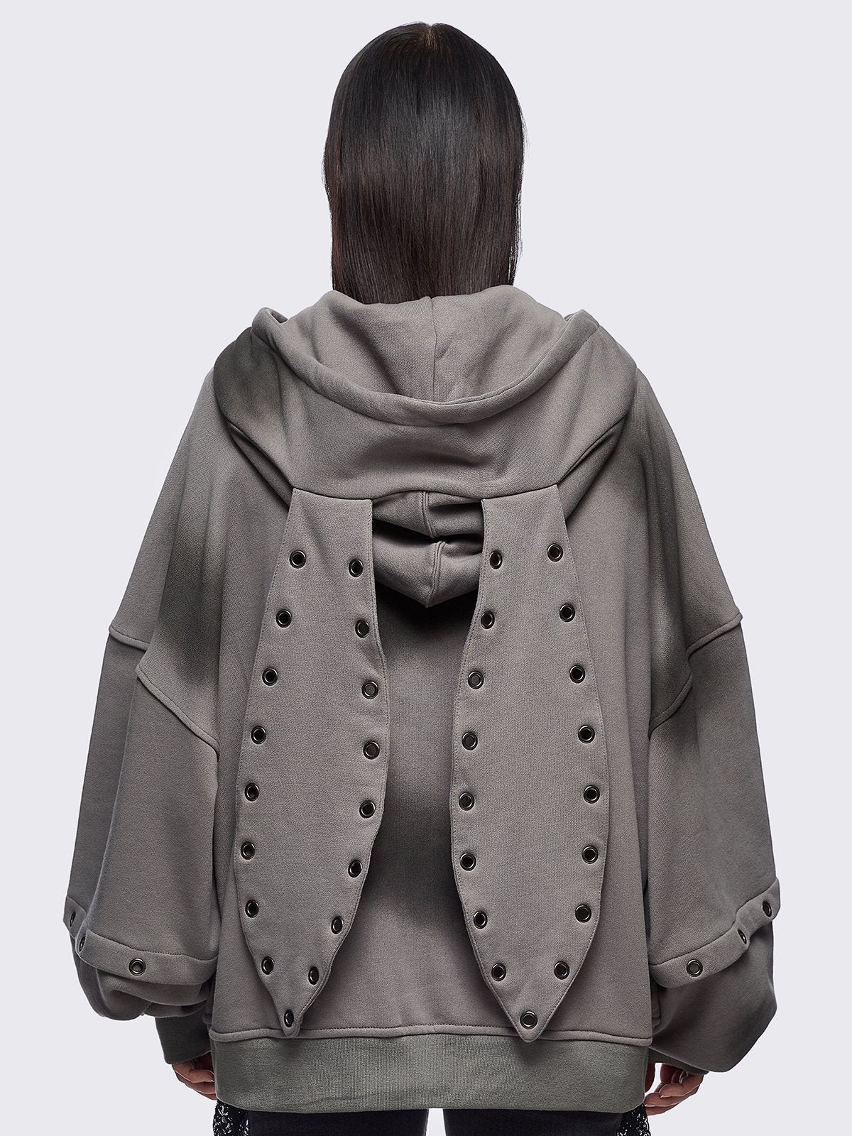 Grey washed layered zip up hoodie with floppy ears hood, "Heaven" embroidery and silver eyelet details.