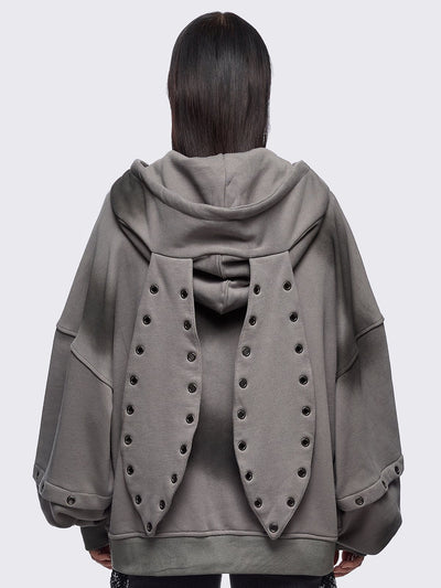 Grey washed layered zip up hoodie with floppy ears hood, "Heaven" embroidery and silver eyelet details.