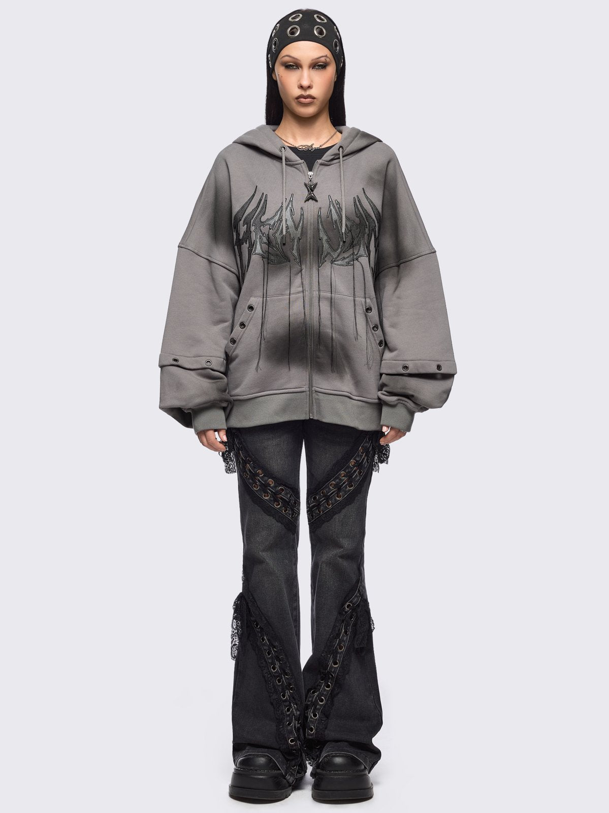 Grey washed layered zip up hoodie with floppy ears hood, "Heaven" embroidery and silver eyelet details.