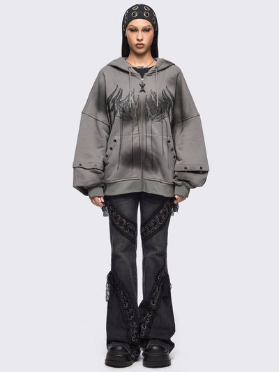 Grey washed layered zip up hoodie with floppy ears hood, "Heaven" embroidery and silver eyelet details.