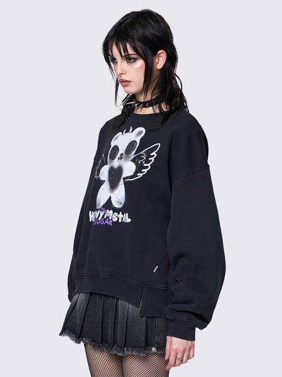 Oversized black sweatshirt with a teddy bear graphic front print by @iscreamcolour, featuring side slits and drop shoulders for a relaxed fit.