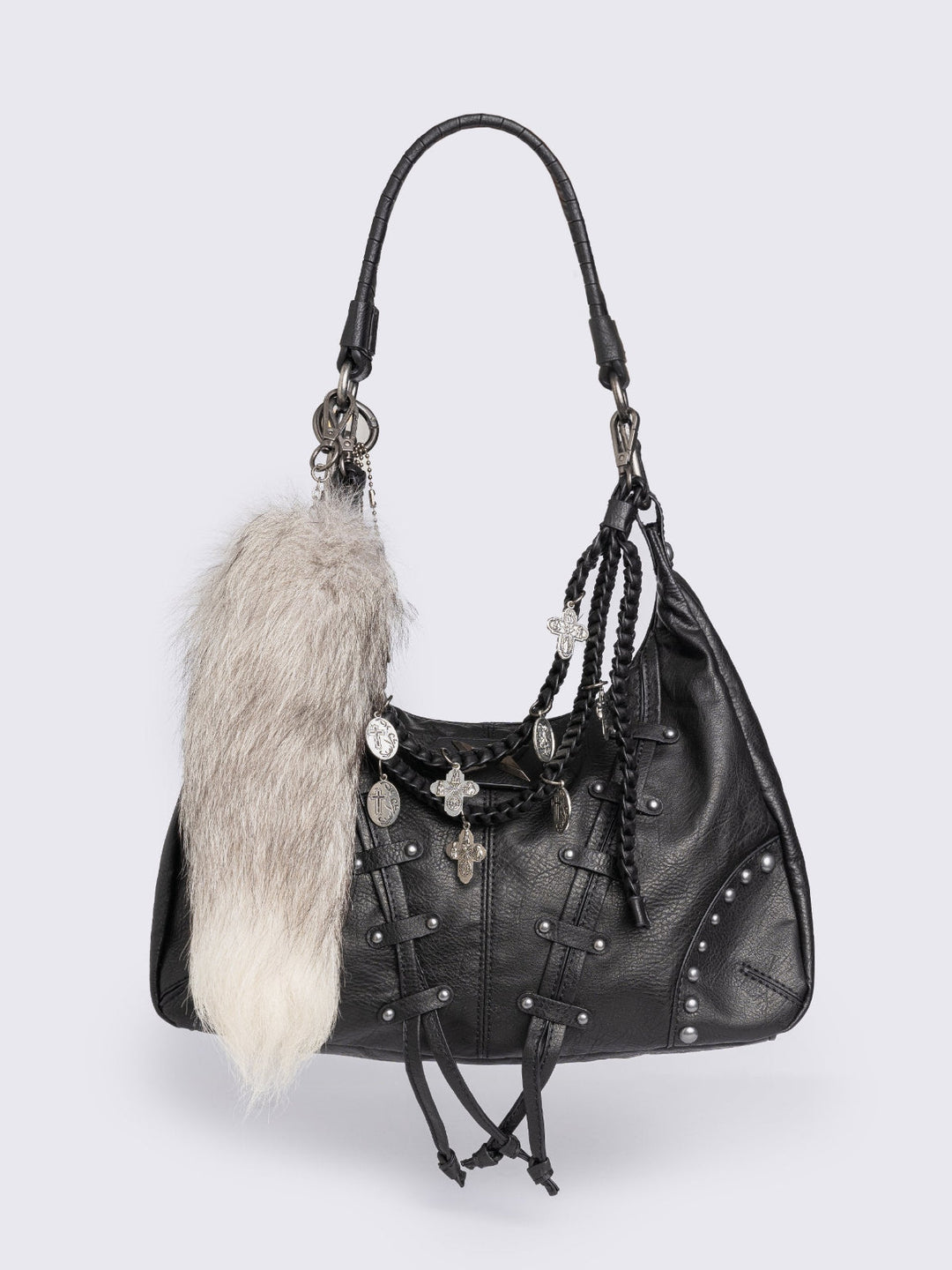 Studded Black PU Hobo Bag with Cross Charms & Fox Tail Keychain