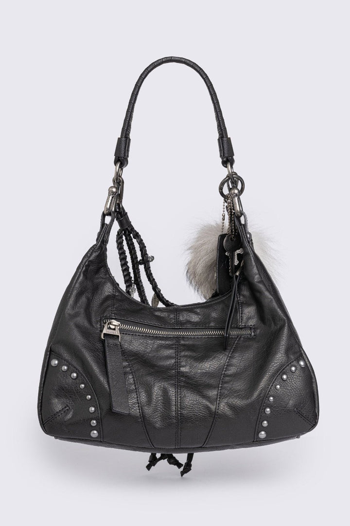 Studded Black PU Hobo Bag with Cross Charms & Fox Tail Keychain